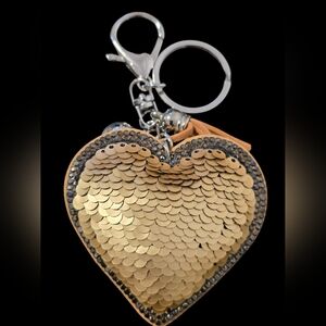 Gold and Black Sequin Heart Bag Charm Keychain